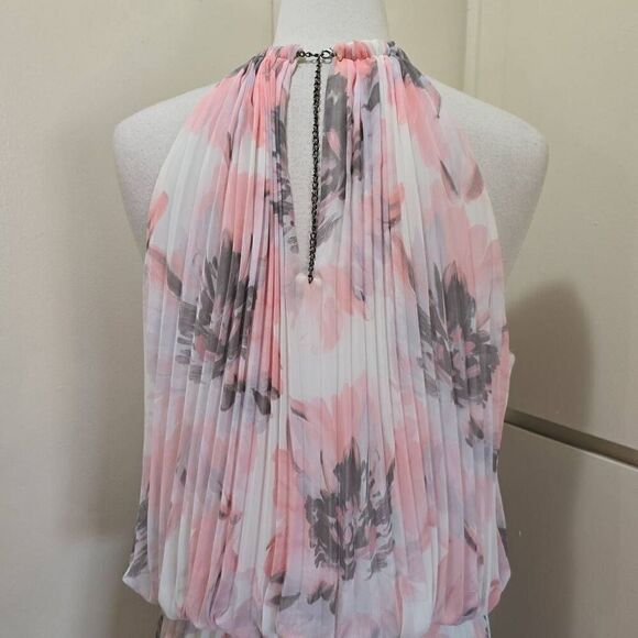 MSK Womans White, Pink and Grey Floral Print Halter,  Allover Pleated Maxi Dres, - Picture 8 of 11